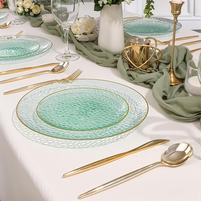 SUT 100Pcs Green Plastic Plates, Hammered Plates Disposable Heavy Duty, Green Disposable Plates With Gold Rim, Fancy Plastic plates Include 50 Dinner and 50 Dessert plates for Wedding