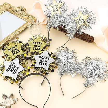 4PCS Happy New Year Headbands for Women, Silver and Gold Hair Hoop Headdress Hair Accessories for New Years Eve Party Supplies 2026