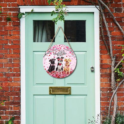 Hello Valentine's Day Dogs Welcome Wreath - Wooden Hanging Sign, 12x12 Inch Valentine Door Decoration for Anniversary, Wedding, Home, Indoor, Outdoor, Wall, Window