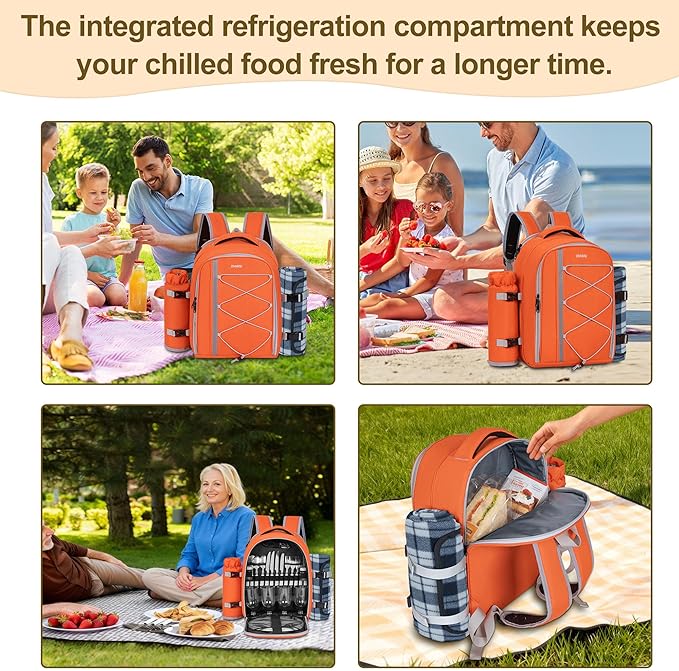 Picnic Backpack for 4 Persons with Insulated Leakproof Cooler Compartment, Cutlery Sets, Wine Holder, Fleece Blanket, Wedding Gifts for Couples, Perfect for Beach, Camping, Hiking, Orange