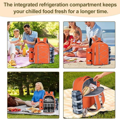 Picnic Backpack for 4 Persons with Insulated Leakproof Cooler Compartment, Cutlery Sets, Wine Holder, Fleece Blanket, Wedding Gifts for Couples, Perfect for Beach, Camping, Hiking, Orange