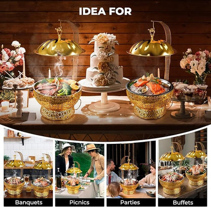 8QT Golden Chafing Dishes for Buffet, 6Pcs Round Stainless Steel Chafing Dish Set for Parties, Christmas Gatherings, Home, Catering Events Complete Buffet Warmer Colder Set (6)