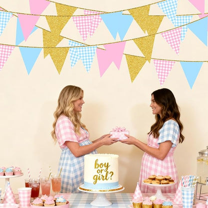 Pink and Blue Buffalo Plaid Gold Party Decorations Pennant Banner Flag Hanging Glitter Paper Triangle Bunting for Boy or Girl Gender Reveal Baby Shower Birthday Wedding Bridal Shower Party Supplies