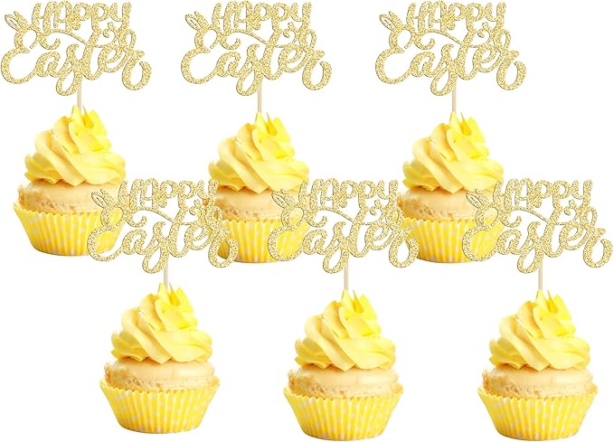 24pcs Happy Easter Cupcake Toppers - Gold Glitter Bunny Ear Cupcake Picks - Day Theme Baby Shower Kids Birthday Party Cake Decorations