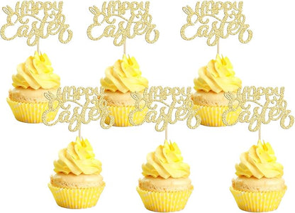 24pcs Happy Easter Cupcake Toppers - Gold Glitter Bunny Ear Cupcake Picks - Day Theme Baby Shower Kids Birthday Party Cake Decorations