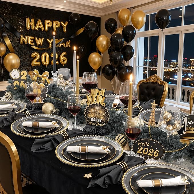 KIRE 175Pcs Black Plates Disposable - Heavy Duty Black and Gold Plastic Plates- 25 for Dinner 25 for Dessert 25 Pre Rolled Gold Silverware and 25 Cups for New Year/Birthday Party