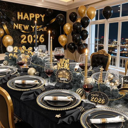 KIRE 350 PCS Plastic Dinnerware Set for 50 Guests - Black and Gold Plates 50 for Dinner 50 for Dessert & 50 Pre Rolled Napkins with Disposable Silverware 50 Cups for New Year/Banquet/Wedding