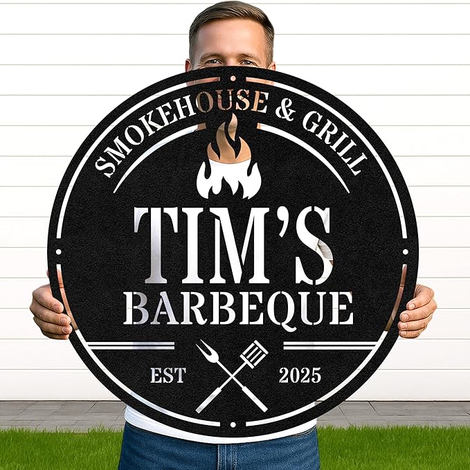 Custom Outdoor BBQ Metal Sign, Personalized Grill Wall Decor for Backyard Patio, Rustic Cut Metal Barbecue Sign Gift