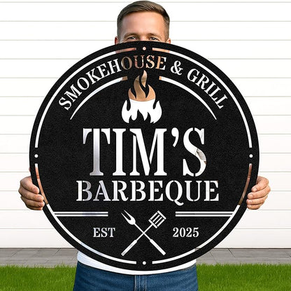 Custom Outdoor BBQ Metal Sign, Personalized Grill Wall Decor for Backyard Patio, Rustic Cut Metal Barbecue Sign Gift