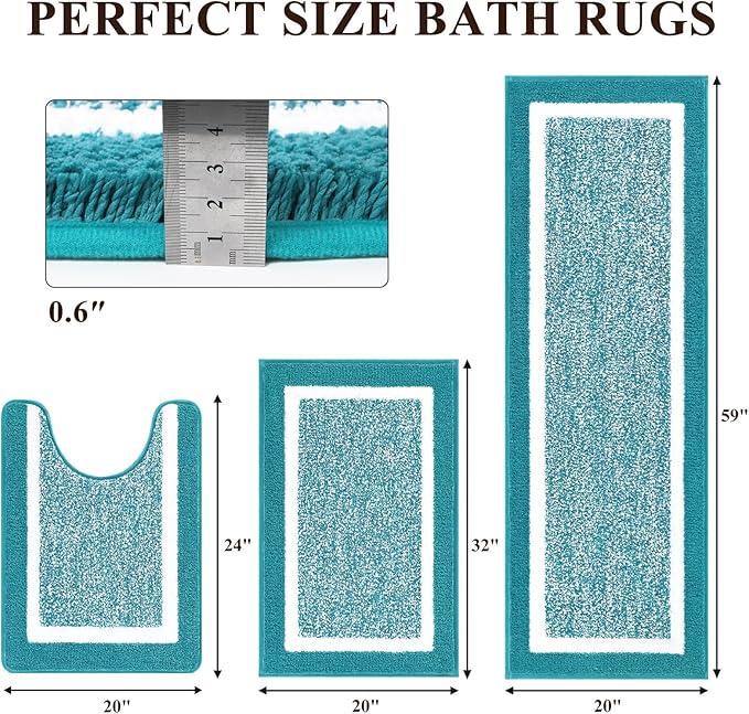 Pauwer Bathroom Rug Sets - 3 Piece Shower Rugs with U-Shaped Contour Toilet Mat, Absorbent Microfiber Plush Bath Mats, Non Slip, Machine Washable Shaggy Bathroom Floor Mats, Aqua Blue