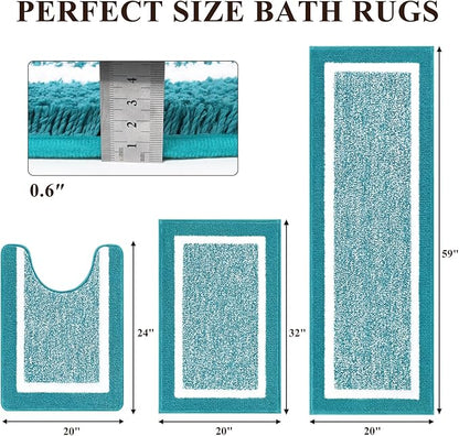 Pauwer Bathroom Rug Sets - 3 Piece Shower Rugs with U-Shaped Contour Toilet Mat, Absorbent Microfiber Plush Bath Mats, Non Slip, Machine Washable Shaggy Bathroom Floor Mats, Aqua Blue