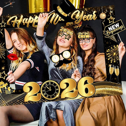 New Years Photo Booth Props 2026, Black Gold New Years Eve Photo Booth Props,Happy New Year Photo Frame, New Years Eve Party Supplies 2026 for New Year Eve Celebratory Party Favor