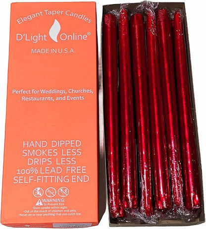 D'light Online Elegant 12" Unscented Metallic Red Taper Candles, Premium Quality Hand-Dipped Tapered Candles, Dripless and Smokeless - Set of 12 (12 Inch, Metallic Red)