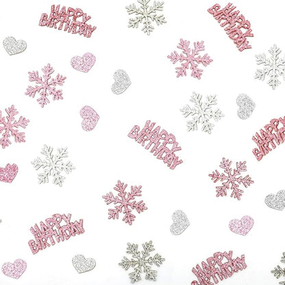 Pink Silver Snowflake Happy Birthday Confetti for Table – 200PC Glitter Snowflakes Table Confetti for Girl Winter Wonderland Birthday Party Decorations