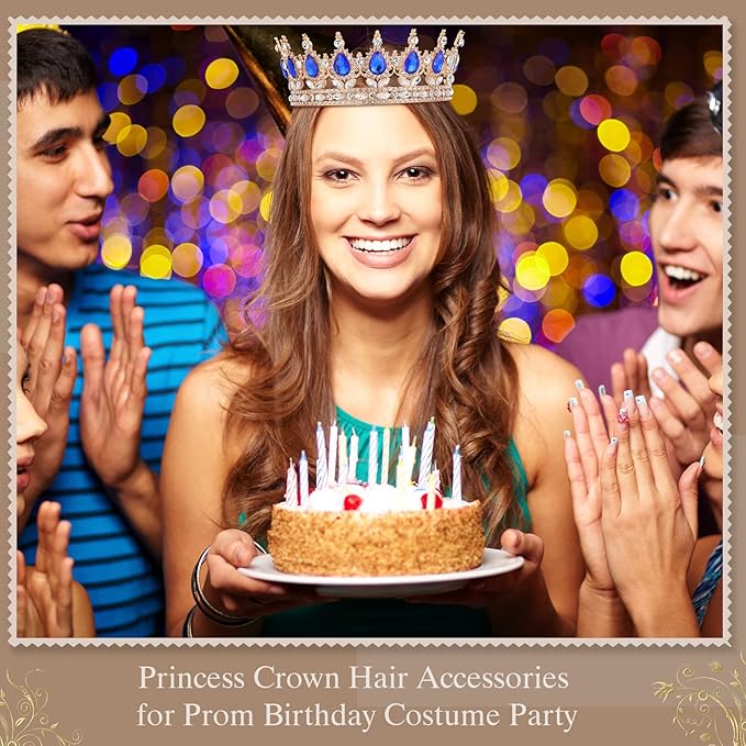 MTLEE 2 Pcs Prom King and Queen Crowns for Men Women King Queen Crowns Tiara with Rhinestone for Wedding Birthday Grad(Blue Gold, Blue Style)