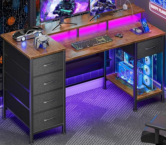 47 Inch Gaming Desk with Power Outlets and LED Lights, Reversible Computer Desk with 5 Fabric Storage Drawers, Home Office Desk with Monitor Stand for Working Writing Study, Rustic Brown