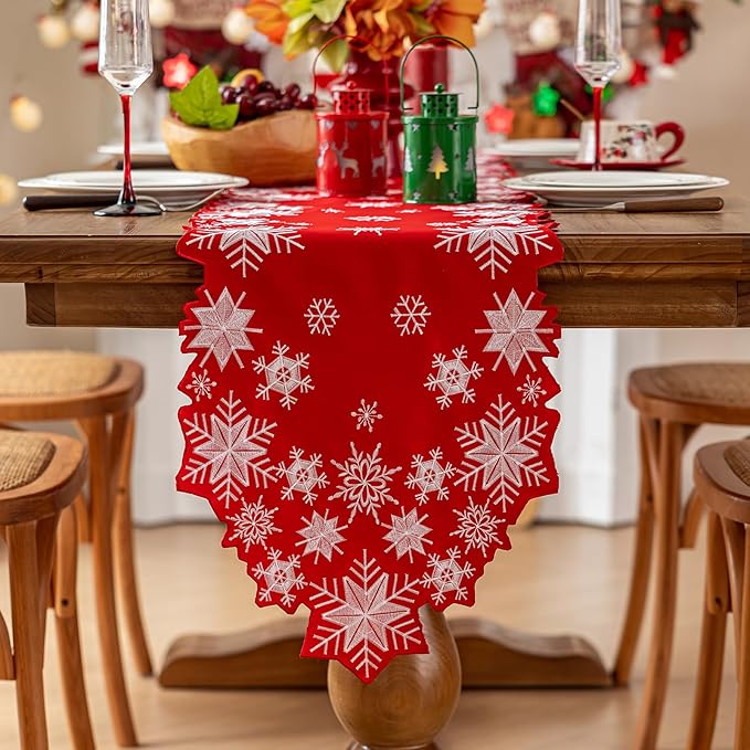 Joyfol Day Christmas Red Table Runner 14 x 69 Inch, Cutwork Embroidered White Snowflake Table Runners, for Xmas Holiday Winter Festival Kitchen Dining Tabletop Decoration