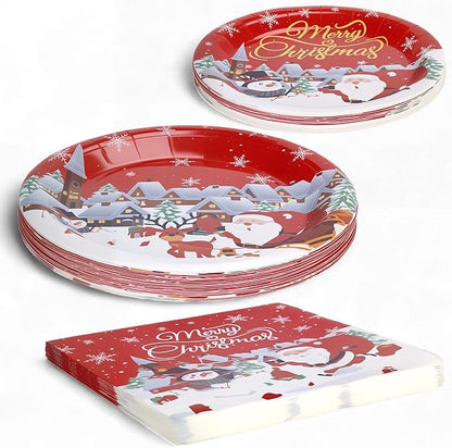 80PCS Christmas Plates and Napkins, Cartoon Santa Claus Snowman Christmas Disposable Dinnerware Set Party Supplies, Serves 20 (Green)