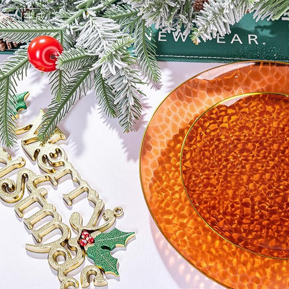 Rubtlamp 60Pcs Amber Plastic Plates - Brown Disposable Plates With Gold Rim, Clear Heavy-duty Party Plates, Hammered Plates Include 30 Dessert Platos, 30 Dinner Platos for Thanksgiving, Christmas