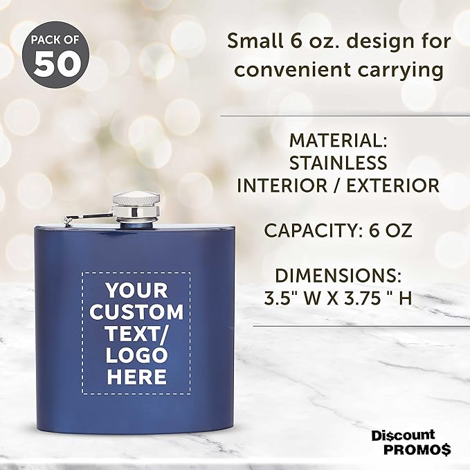 Custom Murano Stainless Steel Hip Flasks 6 oz. Set of 50, Personalized Bulk Pack - Screw on Cap, Great for Wedding Party Gifts, Groomsmen Gifts, Outdoor Activities - Blue