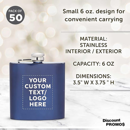 Custom Murano Stainless Steel Hip Flasks 6 oz. Set of 50, Personalized Bulk Pack - Screw on Cap, Great for Wedding Party Gifts, Groomsmen Gifts, Outdoor Activities - Blue