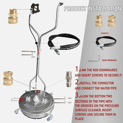 Hourleey 24" Pressure Washer Surface Cleaner with Dual Handles, Stainless Steel Surface Cleaner with 4 Wheels for Driveways, Pathway, Sidewalks, Patios, Decks, 4500 PSI with 3/8" Quick Connector Kit