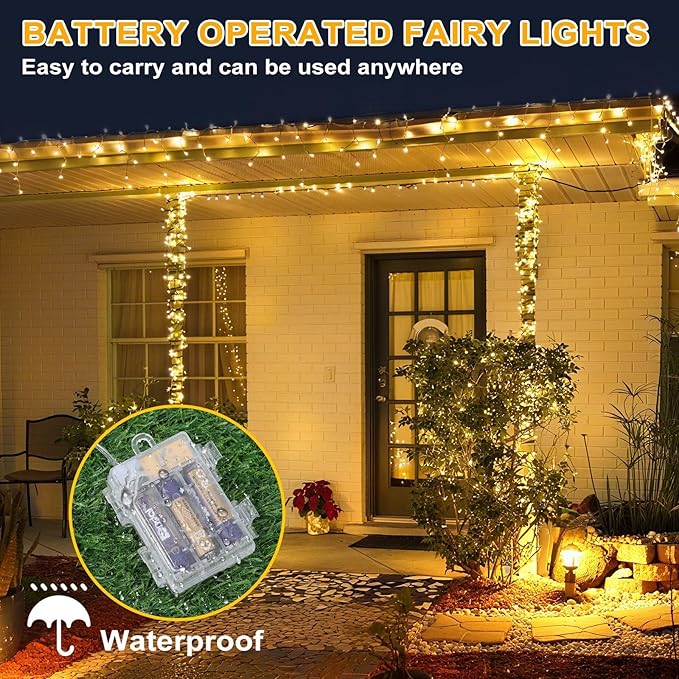2 Pack Christmas String Lights Battery Operated with 8 Modes, 66FT 200 LED Fairy Lights with Timer, Waterproof Twinkle Lights for Indoor and Outdoor Christmas Decorations(Warm White)