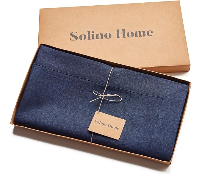 Solino Home Linen Tablecloth 60 x 120 Inch - 100% Pure Linen Chambray Navy Table Cloth for Rectangular Tables - Athena, Machine Washable Cloth Tablecloth for Fall, Christmas, Winter, New Year