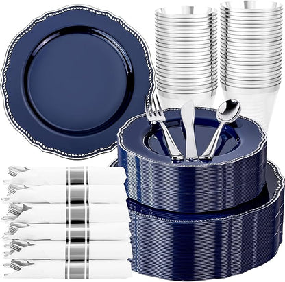 Hioasis 350pcs Blue Silver Plastic Plates - Silver Plastic Dinnerware Set Includes 50 Dinner Plates, 50 Dessert Dinnerware, 50 Cups, 50 Napkins Perfect for Wedding & Party