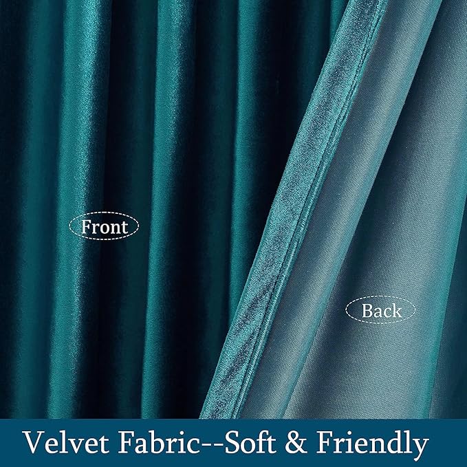 PRIMROSE Teal Velvet Curtains 90 inch Long for Living Room,Set of 2 Panels Blackout Rod Pocket Back Tab Window Treatment Room Darkening Heavy Decorative Curtains Drapes for Bedroom