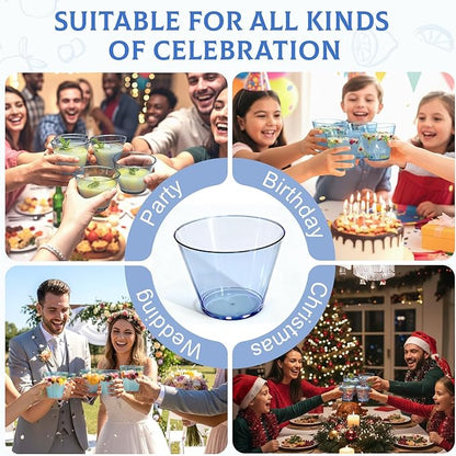 150 Pack Plastic Cups 9 oz Blue Clear Plastic Cups for Cocktail Fancy Disposable Cup for Party Stemless Wine Glasses for Wedding Thanksgiving Christmas Party Graduation
