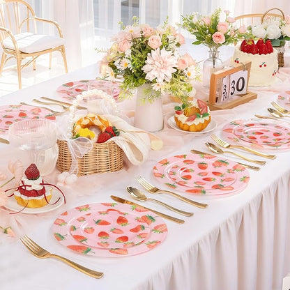 WELLIFE 20PCS Strawberry Plates – Pink Plastic Dinner & Dessert Plates (10×9.2" + 10×6.3"), Girls Birthday Party Plates, Baby Shower Tableware & Berry First Birthday Decorations