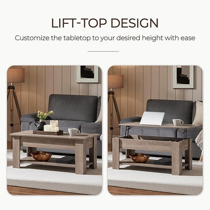 Yaheetech Lift Top Coffee Table with Hidden Compartment and Storage Shelf, Rising Tabletop Dining Table for Living Room Reception Room, 38.6in L, Grey