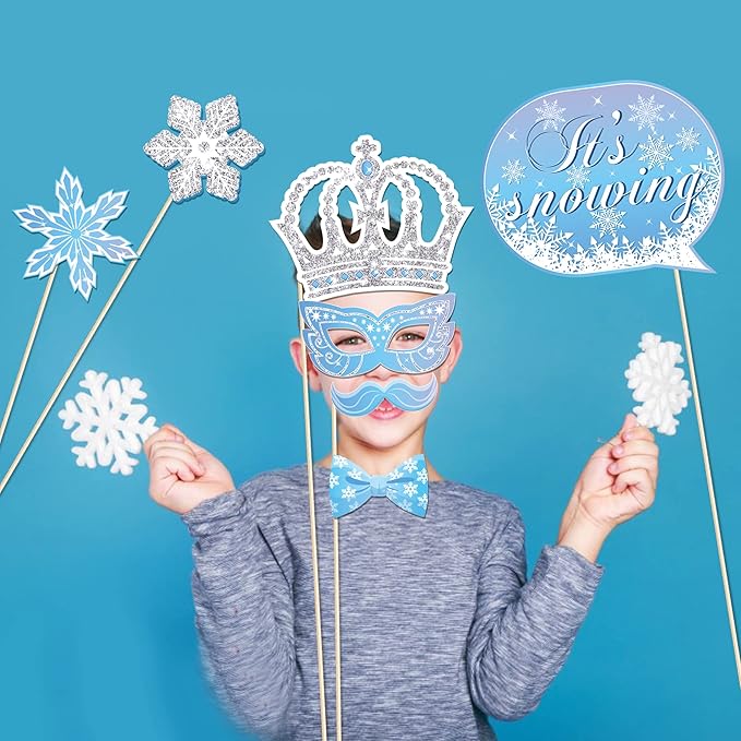 Snowflake Photo Booth Props with Sticks, Blue Snow Photo Booth Props, Christmas Selfie Props, Winter Themed Party Decorations (25CT)