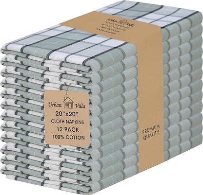 Urban Villa Cloth Napkins 100% Cotton Dinner Napkins Highly Absorbent 20x20 Inches (Set of 12) Majestic Checks Reusable Washable Soft Durable Premium Napkins Ideal for Home Wedding Parties