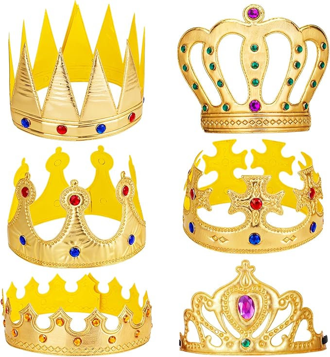 6 Pcs Golden King Crown Set with Gems King Crown Hat Queen Crowns Cap Prince Princess Crowns for Birthday Party Photo Props Halloween Cosplay