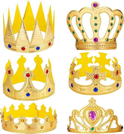 6 Pcs Golden King Crown Set with Gems King Crown Hat Queen Crowns Cap Prince Princess Crowns for Birthday Party Photo Props Halloween Cosplay
