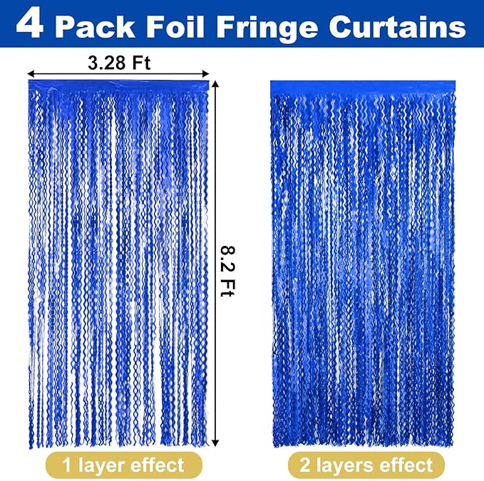 4 Pack Blue Fringe Curtain Backdrop 3.2Ft x 8.2Ft Metallic Tinsel Foil Fringe Streamers Background for Photo Booth Mother's Day, Easter, Carnival, Birthday, Wedding Party Decoration