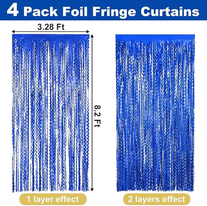 4 Pack Blue Fringe Curtain Backdrop 3.2Ft x 8.2Ft Metallic Tinsel Foil Fringe Streamers Background for Photo Booth Mother's Day, Easter, Carnival, Birthday, Wedding Party Decoration