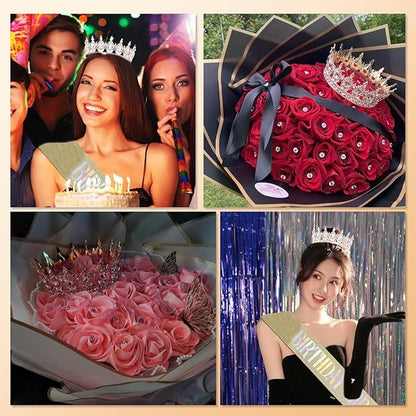 Queen Crown Birthday Set for Women - Tiara, Sash, Princess Rhinestone Headband - Sweet Happy Accessories