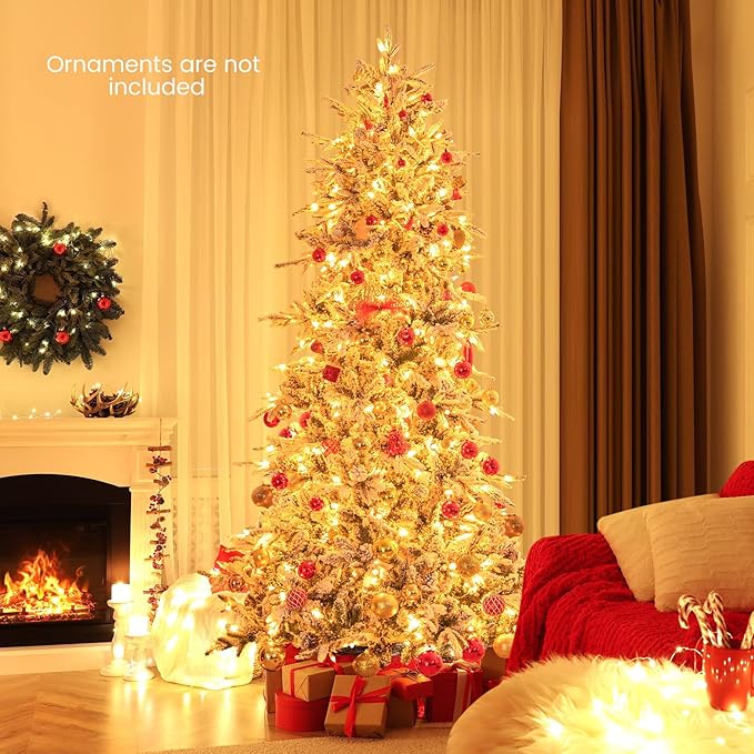 GOFLAME 7.5FT Pre-Lit Christmas Tree Snow Flocked, Hinged Artificial Xmas Tree with 1107 Branch Tips, 47 Natural Pine Cones, 350 Warm White Incandescent Lights, Holiday Decoration Tree for Home Office