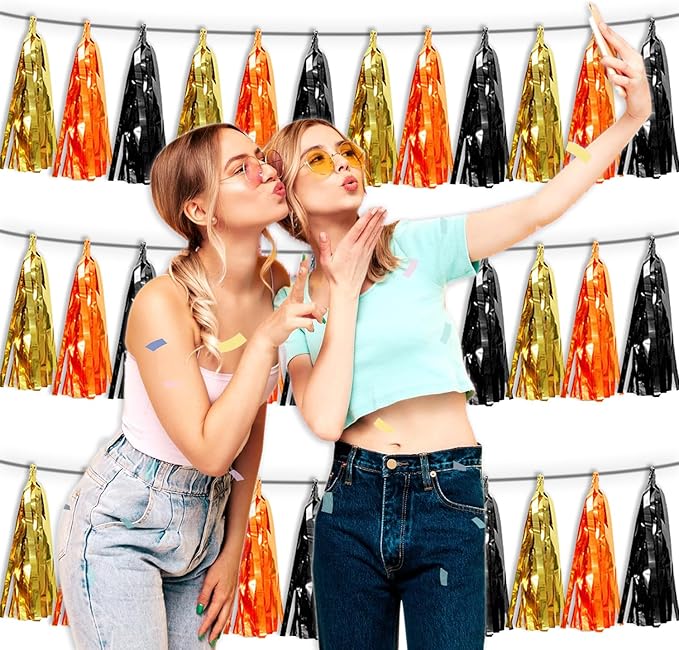 3P Orange Gold Black Tassel Banner Garland Metallic Foil Fringe Banner Tinsel Tassels Streamer Banner Backdrop for Parade Floats, Graduation Decorations, Halloween, Christmas Decorations