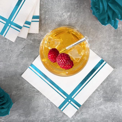Light Blue on White Cocktail Napkins - 100 Pack, 5" x 5", 3-Ply Paper - Style Name: Blissful Crossing