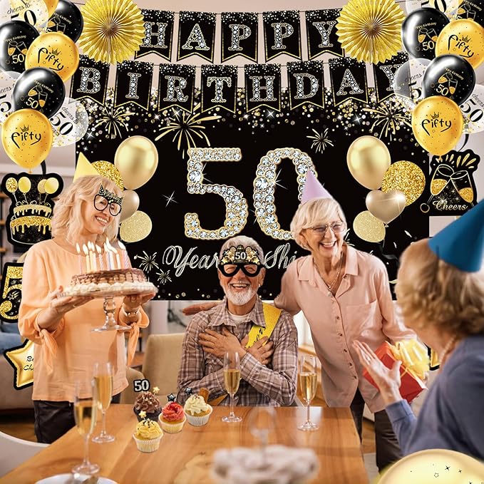 50th Birthday Decorations,39pcs-50th Birthday Decorations for Men & Women,Black Gold 50th Birthday Eyeglasses Decorations Banner Balloons Backdrop Hanging Swirls Paper Fans ,1975 Banner Party Supplies