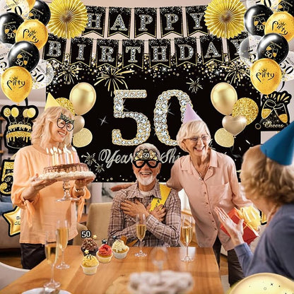 50th Birthday Decorations,39pcs-50th Birthday Decorations for Men & Women,Black Gold 50th Birthday Eyeglasses Decorations Banner Balloons Backdrop Hanging Swirls Paper Fans ,1975 Banner Party Supplies