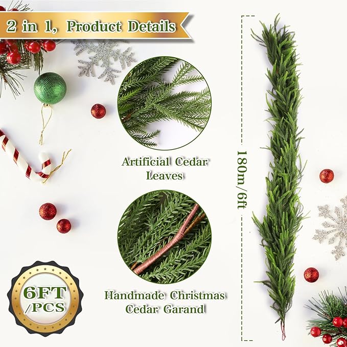 6FT 2Pcs Artificial Norfolk Pine Garlands, Lifelike Chirstmas Garlands for Fireplace Indoor & Outdoor Holiday Decor, Christmas Decorations, and Real Touch Greenery Garland