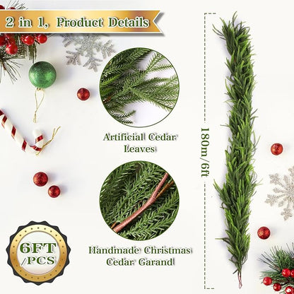 6FT 2Pcs Artificial Norfolk Pine Garlands, Lifelike Chirstmas Garlands for Fireplace Indoor & Outdoor Holiday Decor, Christmas Decorations, and Real Touch Greenery Garland