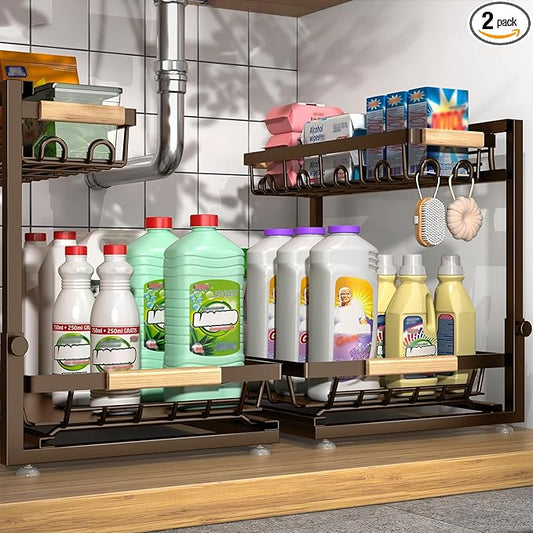 2 Packs Under Sink Organizer, Height Adjustable 2 Tier Under Kitchen Sink Organizer, Multi-Purpose Storage Shelf for Kitchen Bathroom Cabinet (Brown, Extra Large)