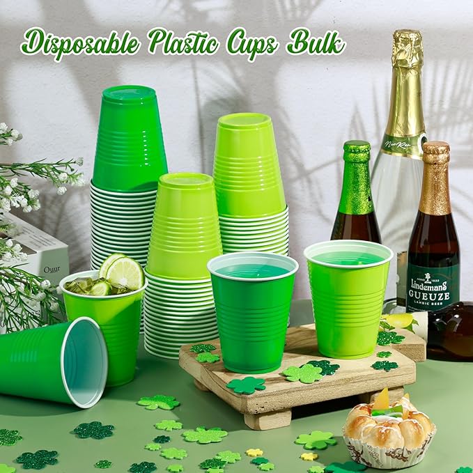 KesaPlan 100 PCS 12 OZ St. Patrick's Day Plastic Cups Party Cups Green and Light Green Cups Disposable Drinking Lucky Cup Bulk for Cold Drink Ice Cream Snacks Party Graduation Wedding Birthday Holiday