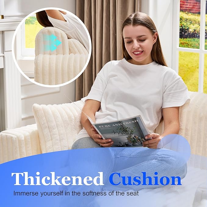 Hobestluk Couch Sofa 2-Seater Foam Sofa Loveseat for Small Spaces Comfy Sofas with Removable Cover Furry Couch with Pillows for Living Room, Bedroom, Apartment, Office (White, Loveseat)